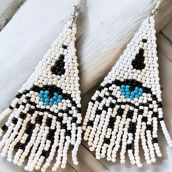 Evil Eye Seed Bead Fringe Earrings: Boho Dangle Earrings Handcrafted White Blue - Picture 7 of 17